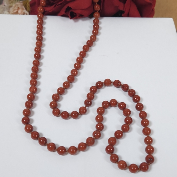 Red Jasper Stone Knotted Necklace Handmade 35" Long Unisex Necklace - Picture 12 of 16